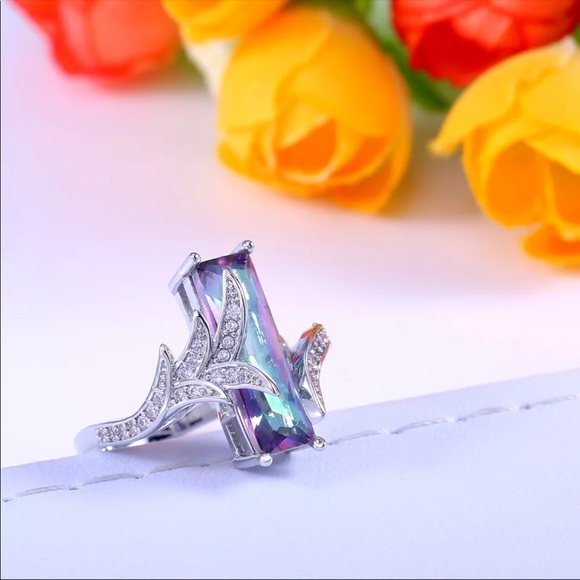 New Luxury Multicolor Rectangle 925 silver Engagement Ring for Women - Picture 3 of 4